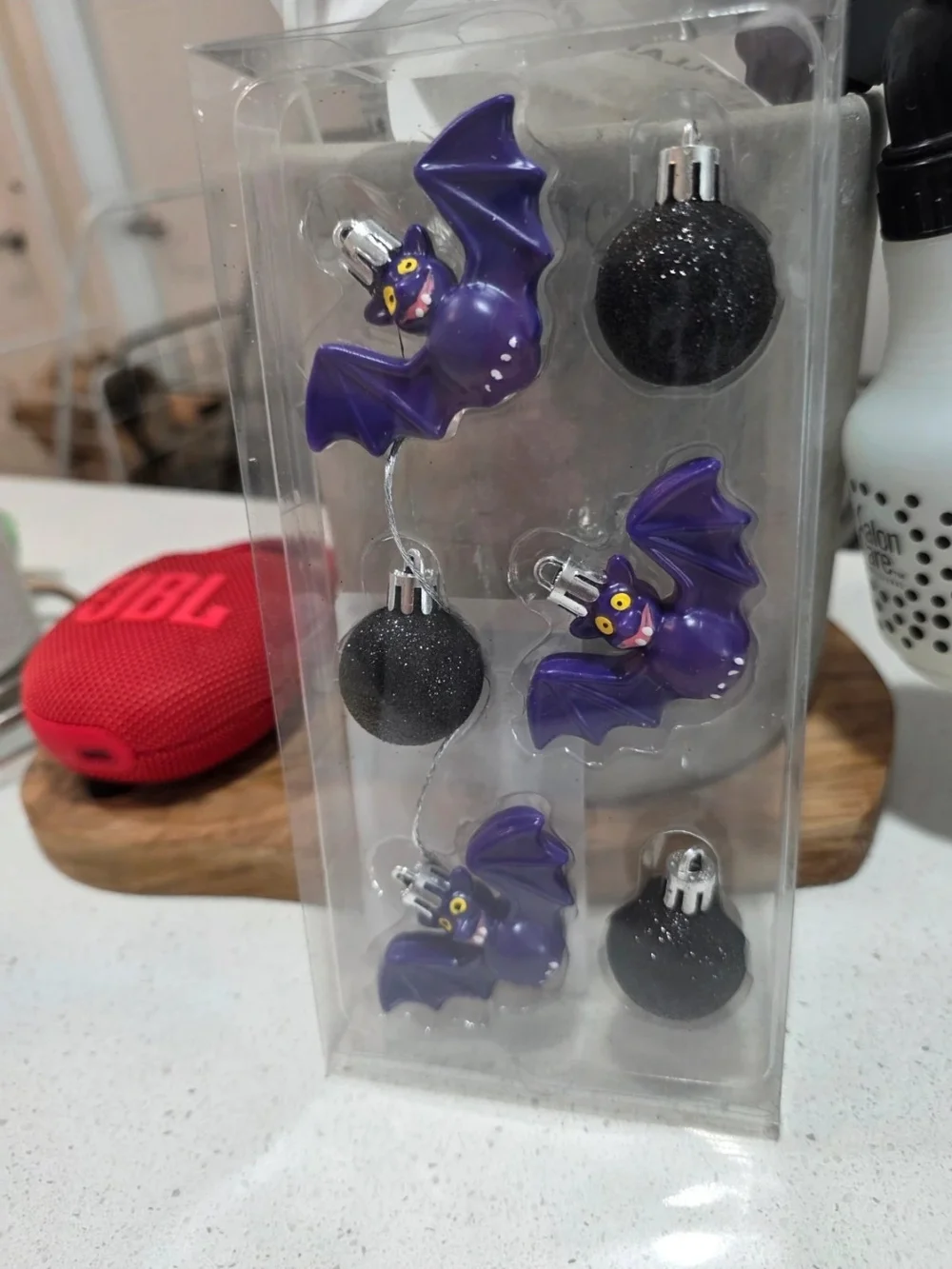 Purple Bat and Black Glitter Ornament Set